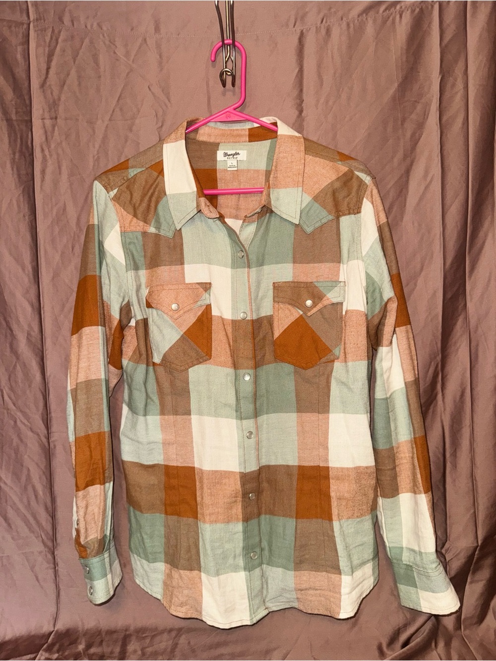 Wrangler Colorblock Plaid Snap-Front Shirt Jacket in Rust, Sage & Cream